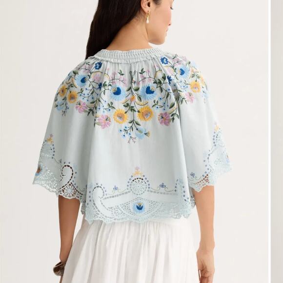 SEA New York Blue Embroidered Crop Top LARGE Boho Cottage Designer Boho $400 - Picture 3 of 11